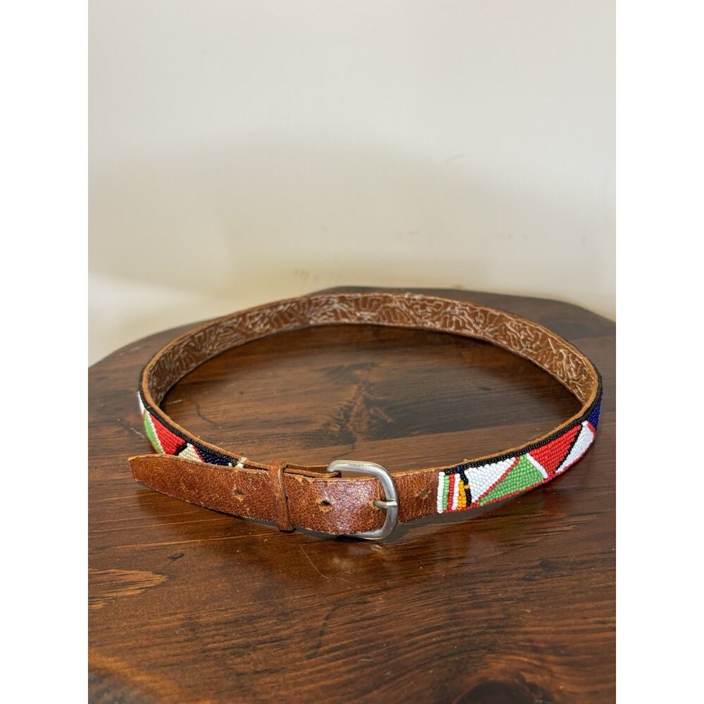 Beaded Leather Native American Belt, 34”